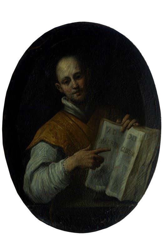 Scuola Veneta, XVII sec. : Santo con libro  - Olio su tela ovale - Asta Antiquariato - II - Galleria Pananti Casa d'Aste