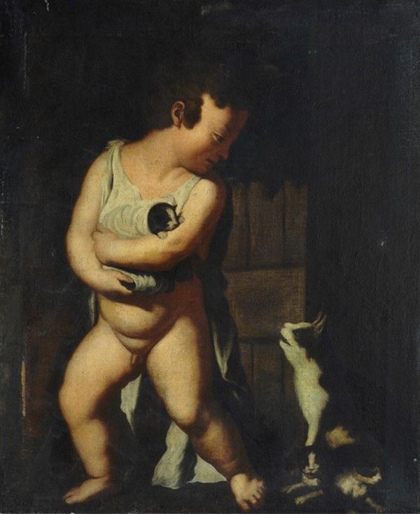 Anonimo, XVIII sec. : Bambino con gatti  - Olio su tela - Asta Antiquariato - Galleria Pananti Casa d'Aste