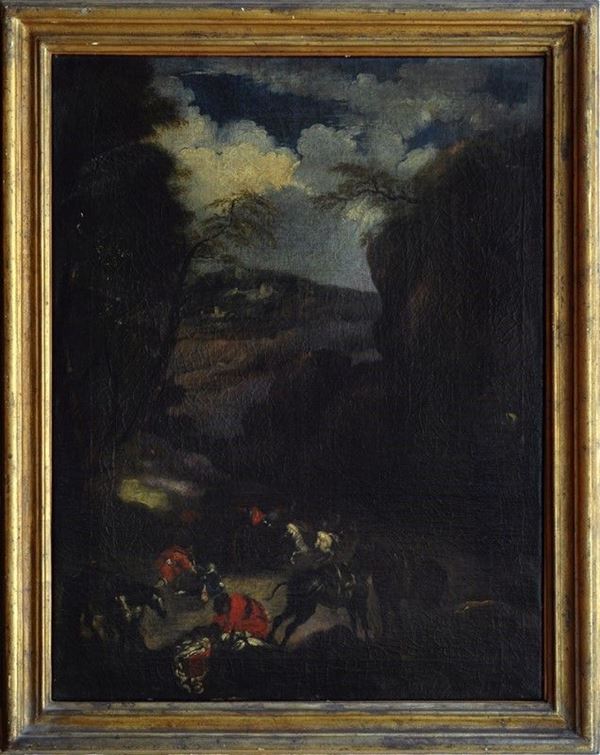 Scuola Olandese, XVIII sec : Paesaggio con bivacco di cavalieri  - Auction Antiquariato - Galleria Pananti Casa d'Aste