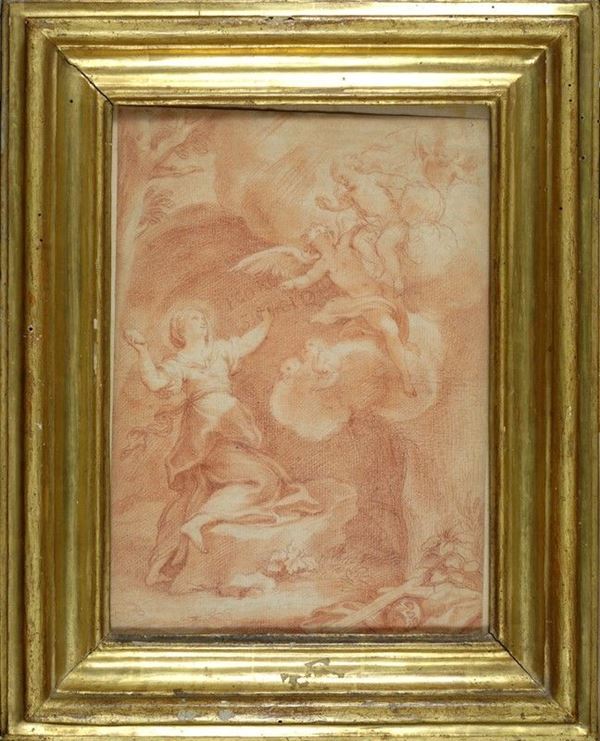 Scuola Romana, XVIII sec. : Santa con angeli  - Sanguigna su carta - Asta ANTIQUARIATO, OROLOGI - I - Galleria Pananti Casa d'Aste