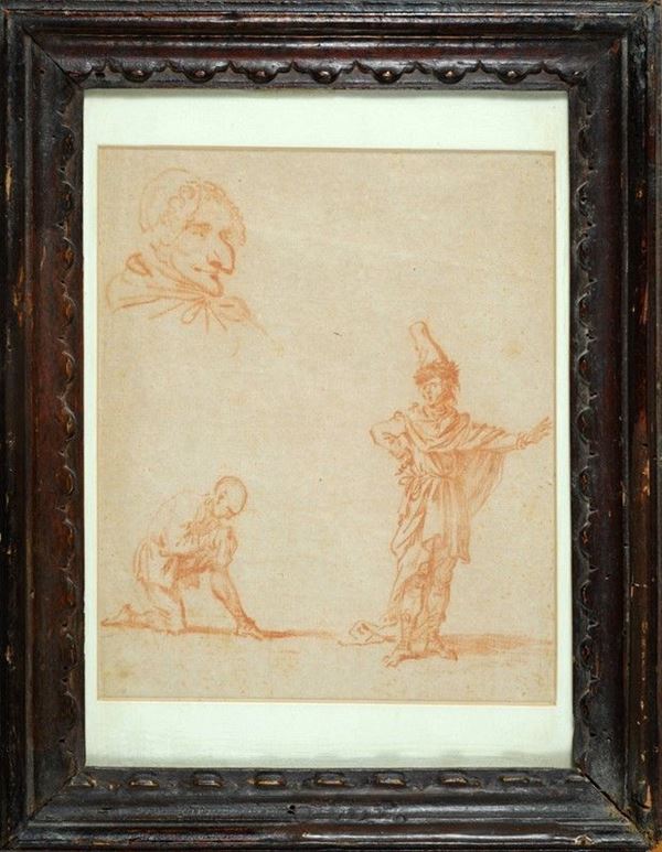 Scuola Veneta, XVIII sec. : Figure di teatranti e testa di vecchia  - Sanguigna su carta - Asta Antiquariato - Galleria Pananti Casa d'Aste