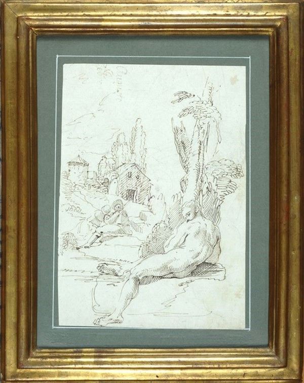 Scuola Veneta, XVIII sec. : Uomo sdraiato in un paesaggio  - Inchiostro su carta - Asta ANTIQUARIATO, OROLOGI - I - Galleria Pananti Casa d'Aste
