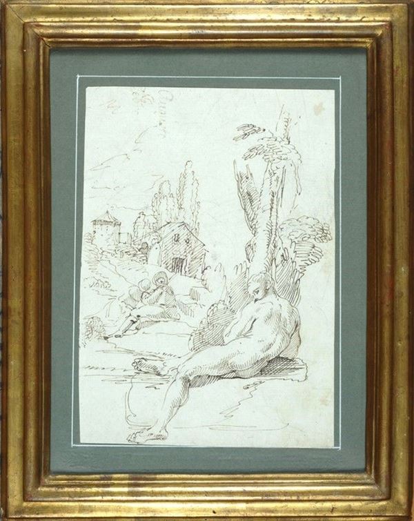 Scuola Veneta, XVIII sec. - Uomo sdraiato in un paesaggio