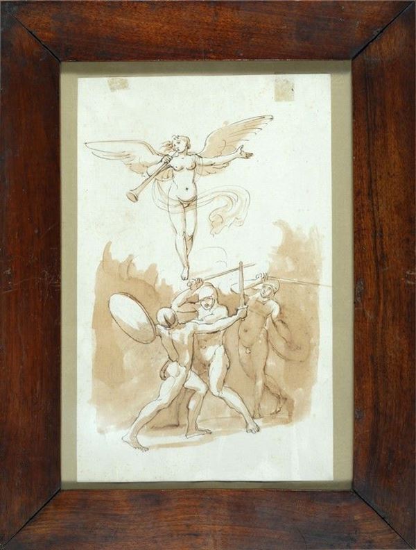 Anonimo, XVIII - XIX sec. : Battaglia con Vittoria  - Inchiostro su carta - Asta Arredi, Oggettistica e Dipinti - Galleria Pananti Casa d'Aste