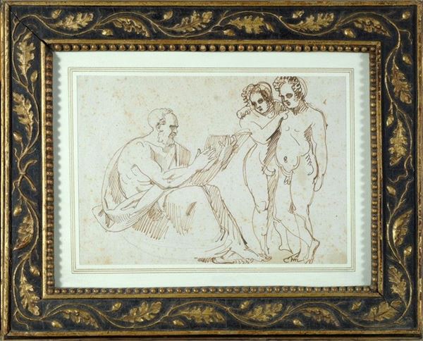 Anonimo, inizi XIX sec. - Vecchio con libro e due nudi   