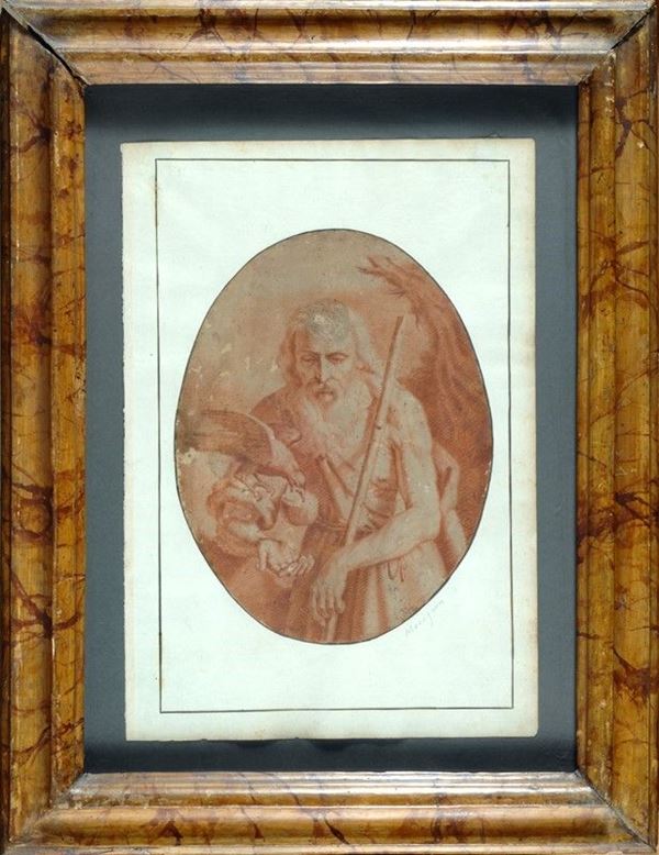 Scuola Veneta, XVIII sec. : San Paolo eremita  sfamato dai corvi  - Sanguigna su carta - Asta ANTIQUARIATO, OROLOGI - I - Galleria Pananti Casa d'Aste
