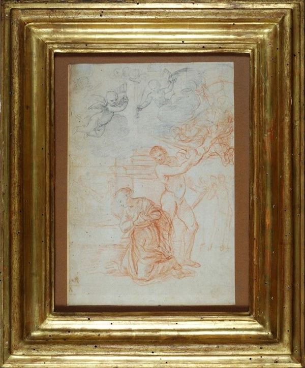 Scuola Romana, XVIII sec. : Martirio di Santa Margherita  - Sanguigna su carta - Asta Antiquariato - Galleria Pananti Casa d'Aste