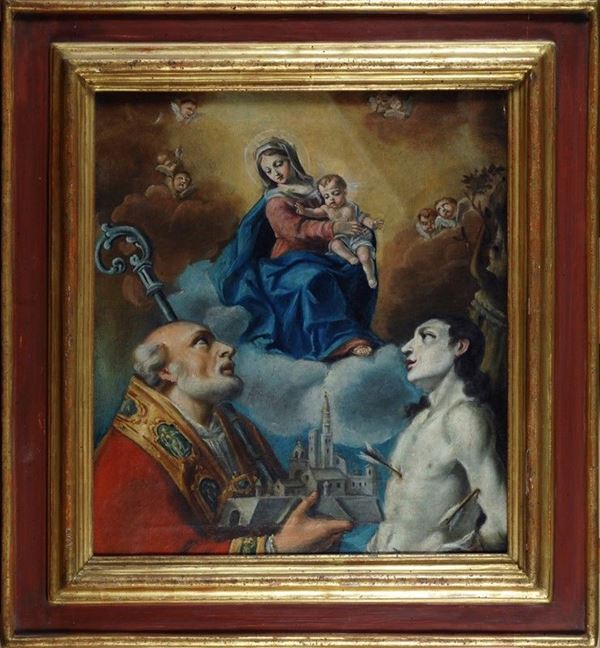 Scuola Emiliana, fine XVII sec. - San Petronio, San Sebastiano e la Vergine col Bambino