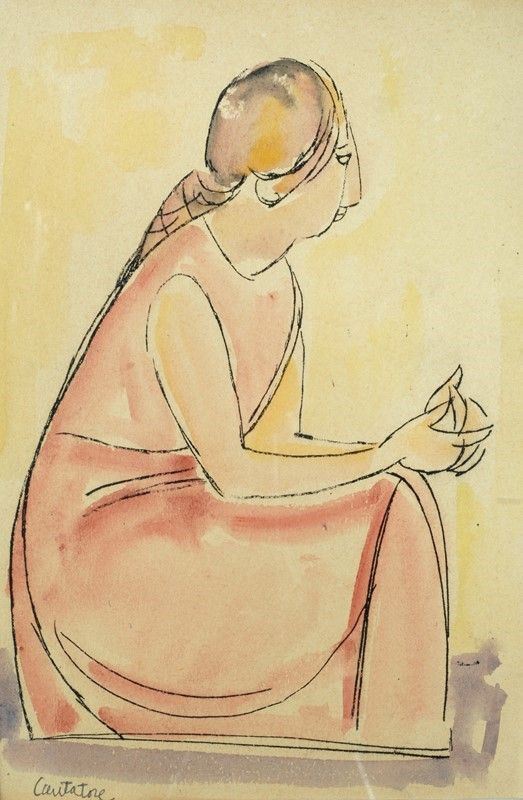 Domenico Cantatore : Figura seduta  - Acquerello e china su carta - Asta Arte Moderna e Contemporanea - III - Galleria Pananti Casa d'Aste