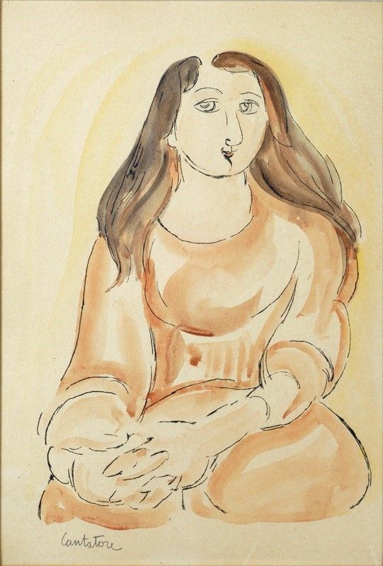 Domenico Cantatore : Figura di donna con peplo  - Acquerello e china su carta - Asta Arredi, Oggettistica e Dipinti - Galleria Pananti Casa d'Aste