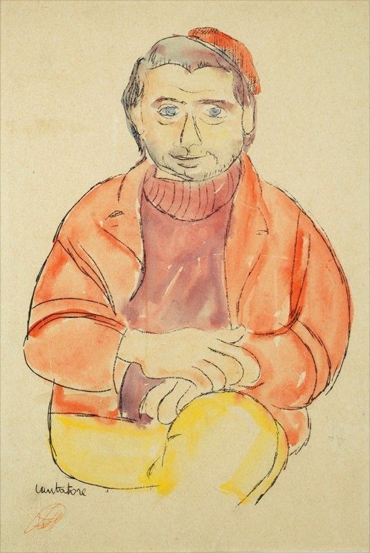 Domenico Cantatore : Uomo seduto  - Acquerello e china su carta - Asta Arredi, Oggettistica e Dipinti - Galleria Pananti Casa d'Aste