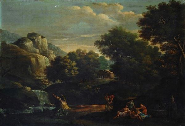 Anonimo, XIX sec. - Paesaggio con figure e tempio classico