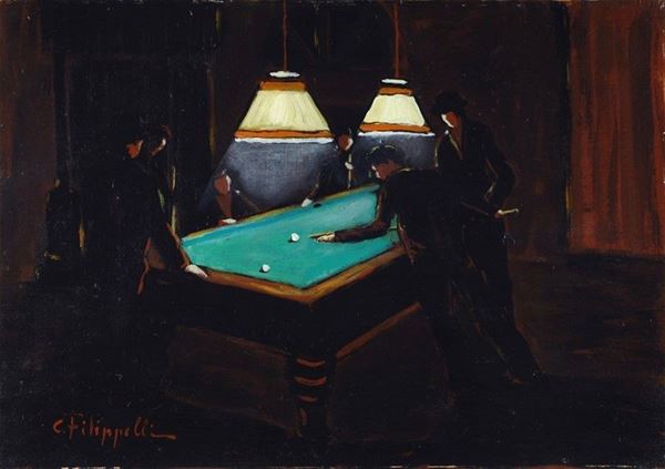 Cafiero Filippelli : Il biliardo  - Olio su compensato - Asta AUTORI DEL XIX E XX SEC - II - Galleria Pananti Casa d'Aste