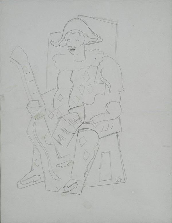 Gino Severini - Arlecchino seduto con chitarra e spartito