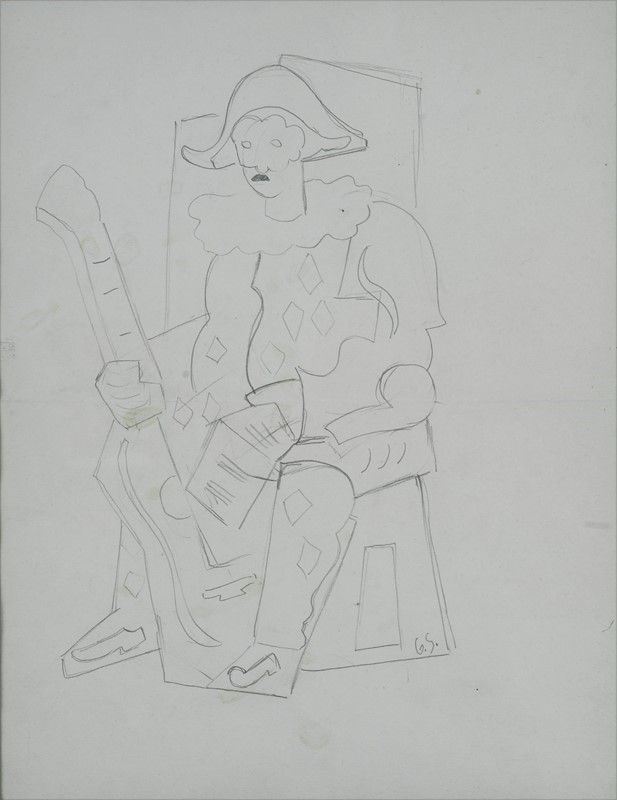 Gino Severini - Arlecchino Seduto con Chitarra e Spartito