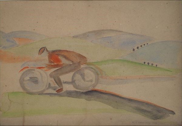 Mario Guido Dal Monte : Motociclista  (1927)  - Acquerello su carta - Asta Arte Moderna e Contemporanea - III - Galleria Pananti Casa d'Aste