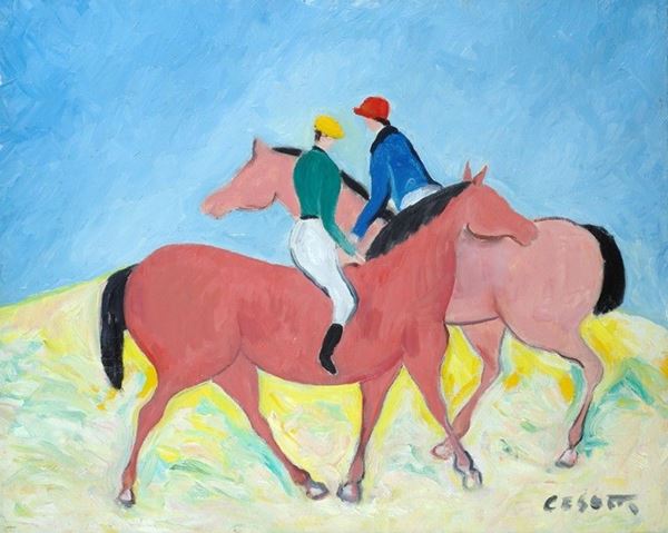 Giuseppe Cesetti : Fantini a cavallo  - Olio su tela - Asta Arte Moderna e Contemporanea - III - Galleria Pananti Casa d'Aste