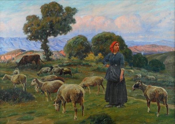 Ruggero Panerai : Pastorella con gregge  - Auction AUTORI DEL XIX E XX SEC - II - Galleria Pananti Casa d'Aste