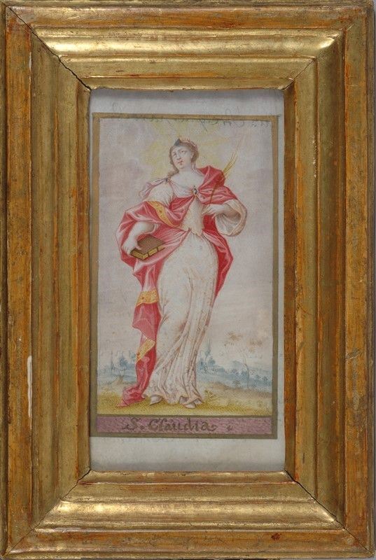 Scuola Francese, fine XVIII sec. : Santa Claudia  - Tempera su carta - Asta Arredi, Oggettistica e Dipinti - Galleria Pananti Casa d'Aste