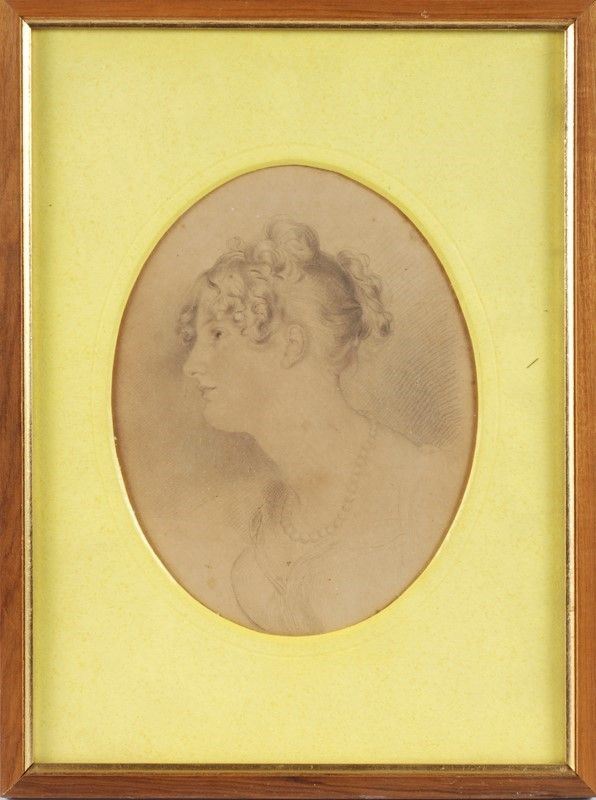 Scuola Europea, XIX sec. : Profilo di giovane donna  - Matita su carta - Asta Arredi, Oggettistica e Dipinti - Galleria Pananti Casa d'Aste