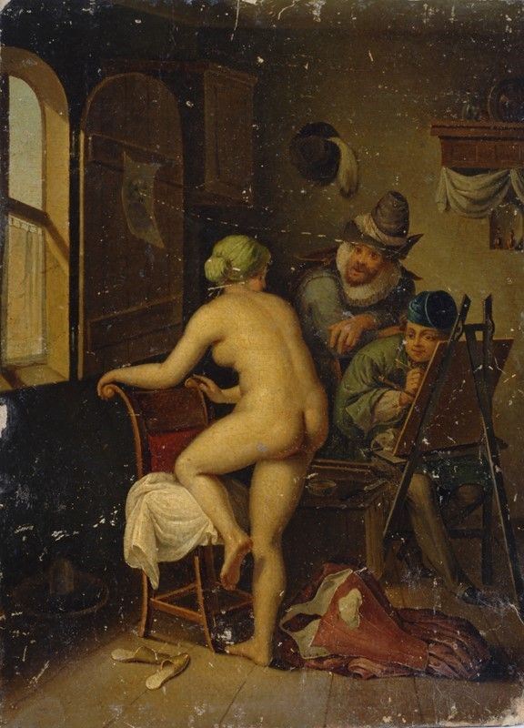 Anonimo, XIX sec. : Modella nello studio  - Olio su cartone - Asta Arredi, Oggettistica e Dipinti - Galleria Pananti Casa d'Aste