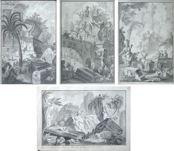 Anonimo, XVIII - XIX sec. - Quattro disegni da Giovanni Battista Piranesi