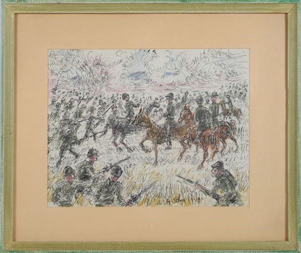 Guido Borgianni : Esercito in campo  (1949)  - Tecnica mista su carta - Asta Arredi, Oggettistica e Dipinti - Galleria Pananti Casa d'Aste