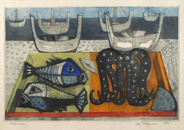 Wolf Hoffmann : Composizione con pesci  (1954)  - Acquaforte acquatinta   - Asta ANTIQUARIATO - Galleria Pananti Casa d'Aste