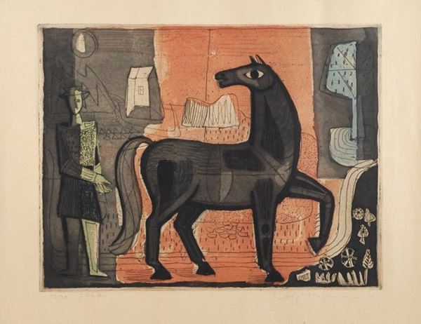 Wolf Hoffmann : Cavallo e cavaliere  (1951)  - Acquaforte acquatinta, es. 12/30 - Asta Arredi, Oggettistica e Dipinti - Galleria Pananti Casa d'Aste