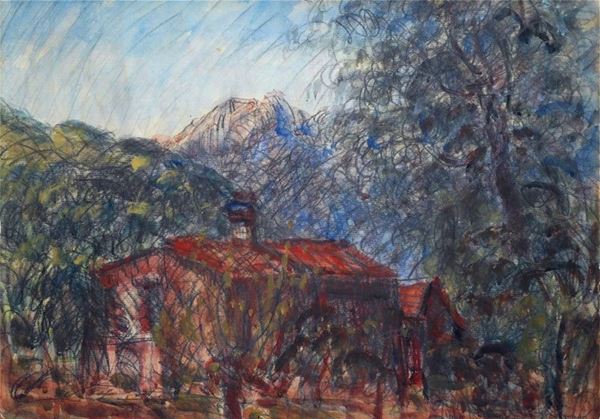 Umberto Vittorini : Landscape with cottage  (1963)  - Mixed media on paper on cardboard - Auction Authors of XIX and XX centuries - Galleria Pananti Casa d'Aste