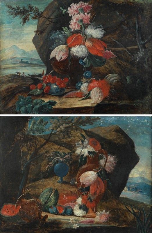 Scuola Francese, XVIII sec. - Coppia di nature morte