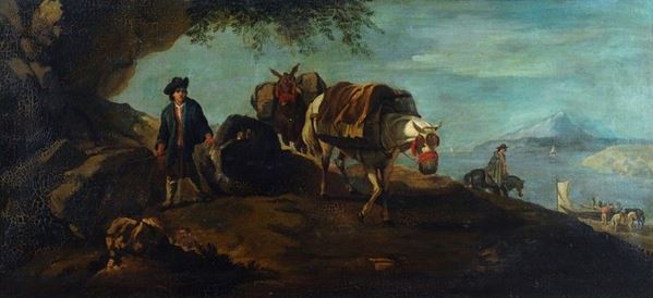 Anonimo, fine  XVIII sec. - Paesaggio con figura e cavalli