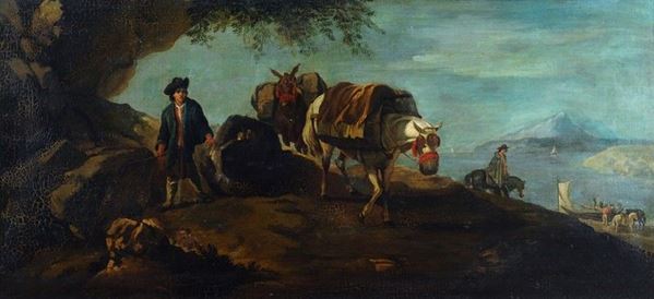Anonimo, fine  XVIII sec. : Landscape with figure and horses  - Oil painting on canvas - Auction ANTIQUES - I - Galleria Pananti Casa d'Aste