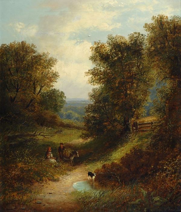 Scuola Inglese, XIX sec. - Paesaggio con contadini 