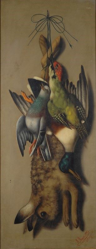 Michelangelo Meucci : Natura morta con cacciagione  (1903)  - Olio su tela - Asta AUTORI DEL XIX E XX SEC - Galleria Pananti Casa d'Aste