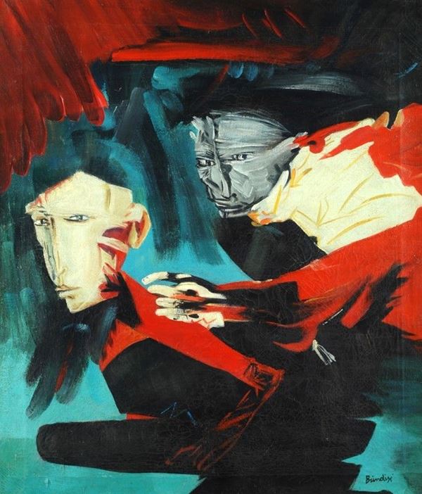 Remo Brindisi : Oppositori  (Anni '60)  - Olio su tela - Asta Arte Moderna e Contemporanea - III - Galleria Pananti Casa d'Aste