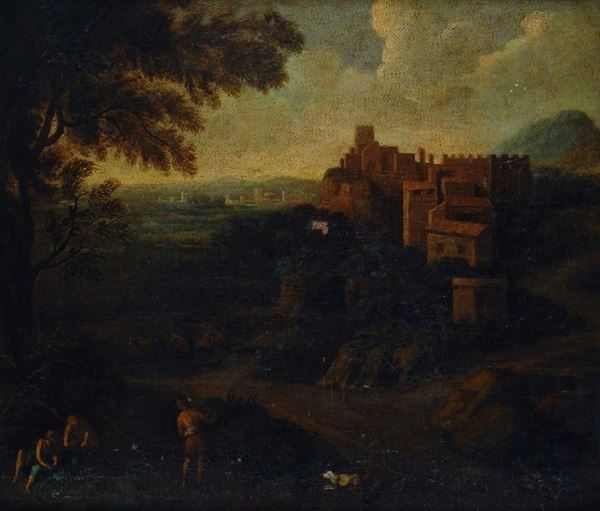 Scuola Italia Centrale, XVII sec. - Paesaggio con borgo e figure