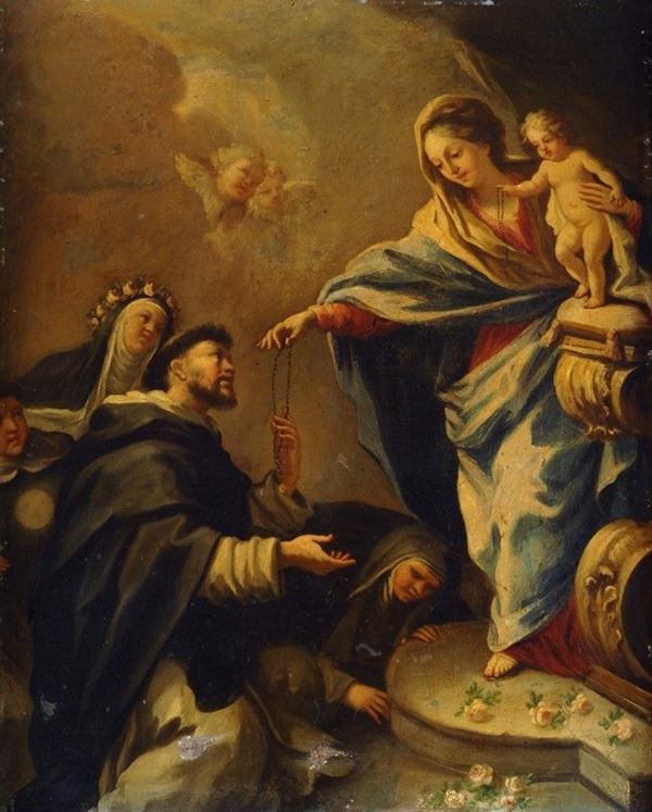 Scuola Napoletana, inizi XVIII sec. - Madonna del Rosario con San Domenico, Santa Rita da Cascia e San Nicola da Tolentino 
