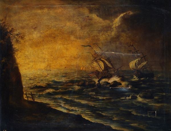 Anonimo, inizi XIX sec. : Caravelle nel mare in tempesta  - Olio su tela - Asta  [..]