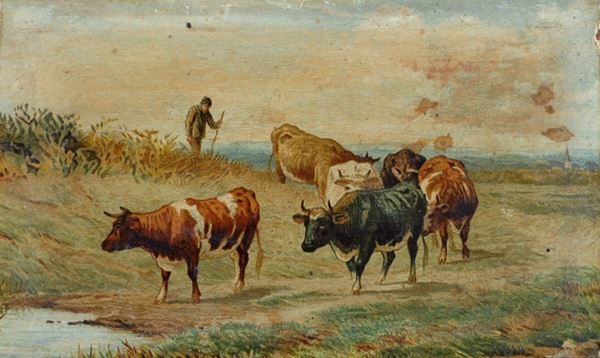 Anonimo, XIX sec. : Grazing cows  - Tempera on paper on board - Auction AUTHORS  [..]