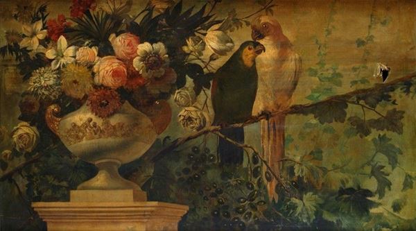 Anonimo, inizi XX sec. : Pappagalli e vaso di fiori  - Auction Orologi, Antiquariato - I - Galleria Pananti Casa d'Aste