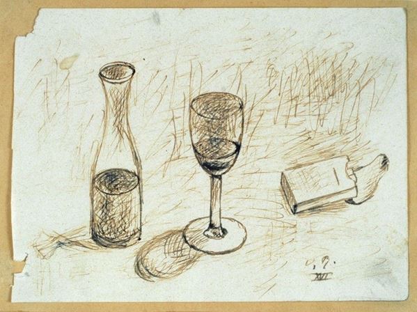 Ottone Rosai : Bottiglia e bicchiere  (1938)  - Inchiostro su carta - Asta Arte Moderna e Contemporanea - III - Galleria Pananti Casa d'Aste