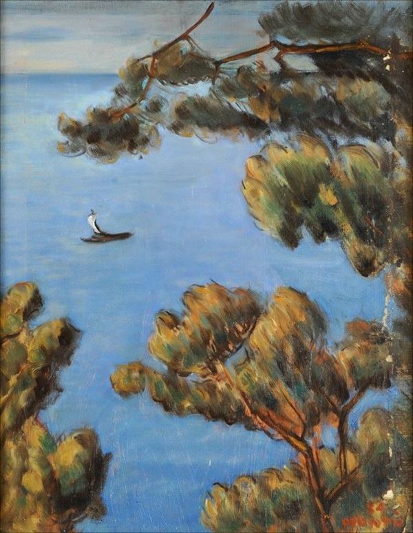 Anonimo, XX sec. : Marina  (1954)  - Olio su tela riportata su compensato - Asta AUTORI DEL XIX E XX SEC - Galleria Pananti Casa d'Aste
