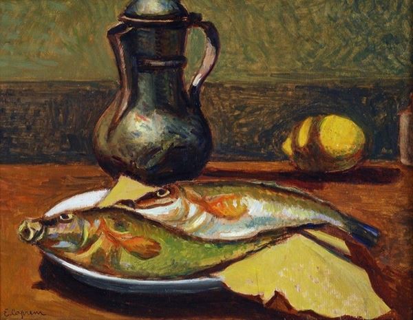 Eugenio Caprini - Natura morta con brocca e pesci