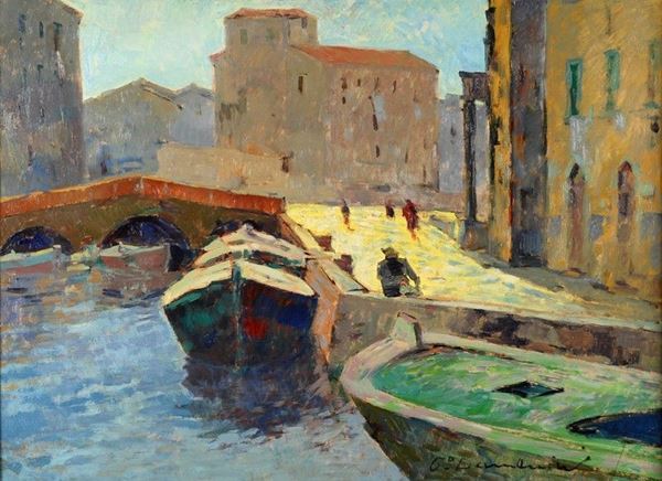 Carlo Domenici : Scali a sciano  - Olio su faesite  - Asta AUTORI DEL XIX E XX SEC - II - Galleria Pananti Casa d'Aste