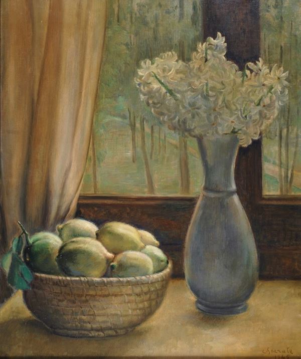 Carlo Socrate : Still life with a basket of lemons and a vase of flowers  (1945)  - Oil painting on canvas - Auction  modern and contemporary art - Galleria Pananti Casa d'Aste