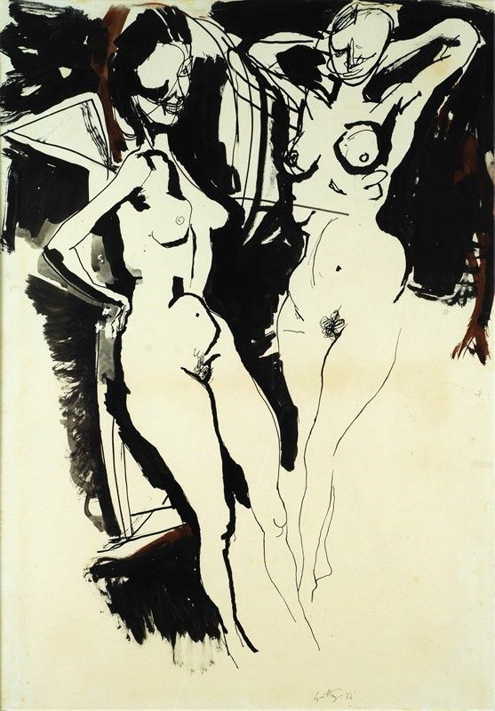 Renato Guttuso : Nudi di donna  (1964)  - China e acquerello su carta riportata su tela - Asta Arte Moderna e Contemporanea - III - Galleria Pananti Casa d'Aste