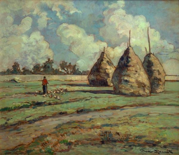 Gino Romiti - Paesaggio di campagna con covoni e gregge 