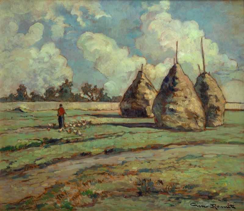 Gino Romiti - Paesaggio di Campagna con Covoni e Gregge