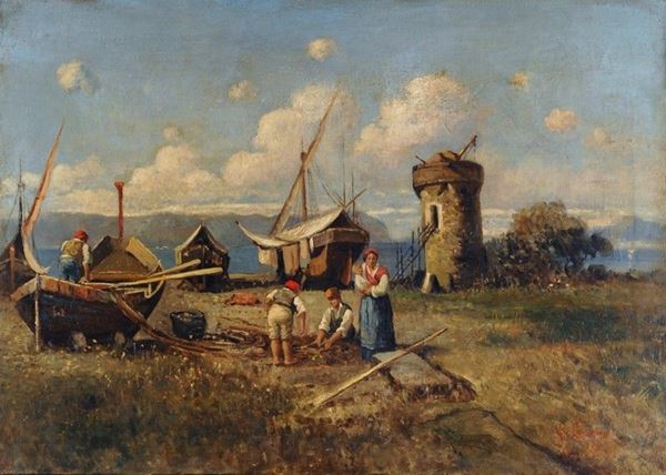 Giuseppe Laezza - Paesaggio con pescatori e barche